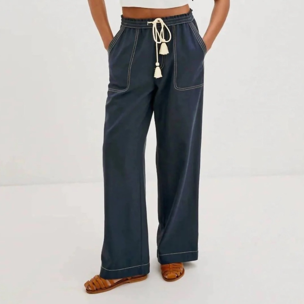 Navy Wide Leg Pants With Rope Drawstring and Contrast Stitching